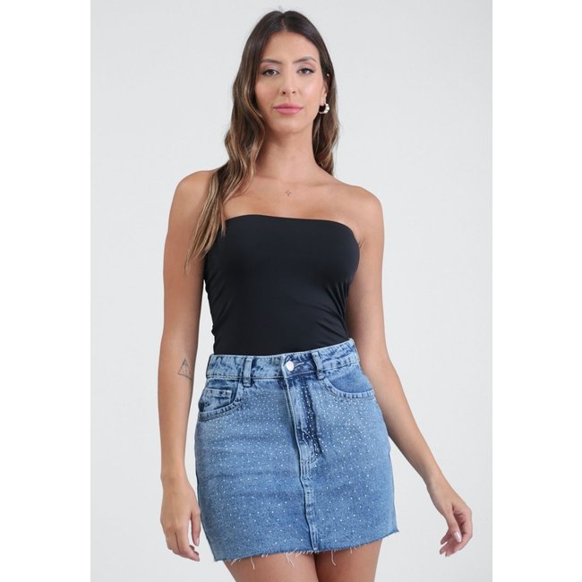 Saia Jeans Pop Me Curta Com Strass Azul