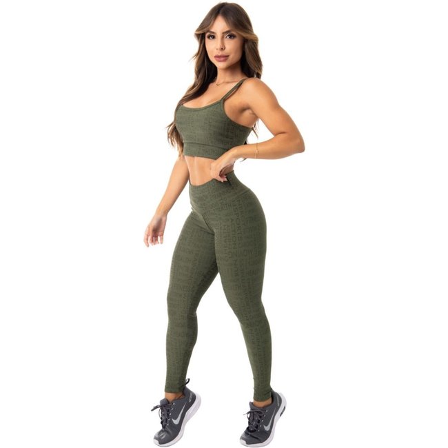 Conjunto Legging Fitness Jacquard Textura Verde Militar