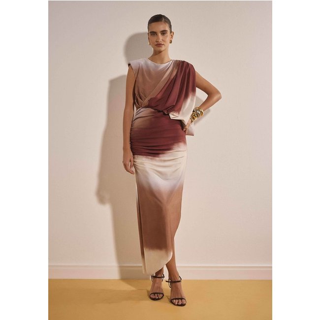 Vestido Estampado Super Midi Com Franzidos Lança Perfume
