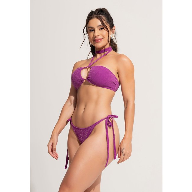 Biquíni Top Faixa Bustiê Cortininha De Amarrar Asa Delta Lurex Açai
