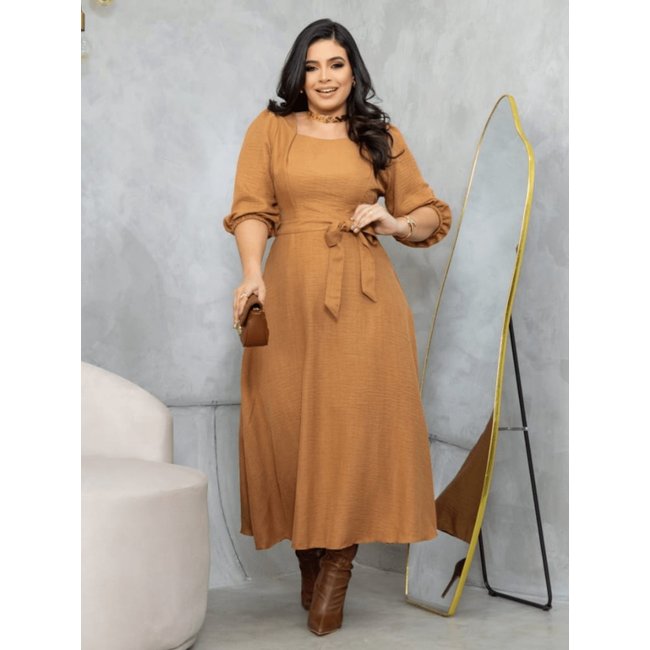 Vestido Midi Soltinho Manga 3/4 Elegante Social Moda Evangélica Bege