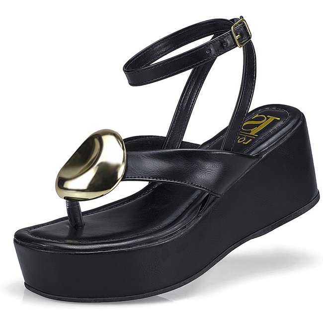 Sandália Feminina Tira Anabela Flatform Fivela Ilhós Moda 430 Preto