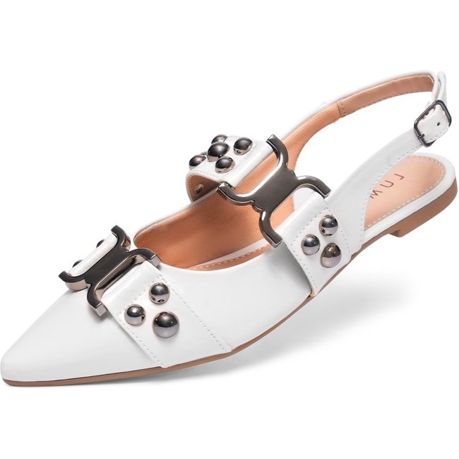 Sapatilha Slingback Feminina Lumiss Confortável Fivela Rasteira Bico Fino Verniz Off White