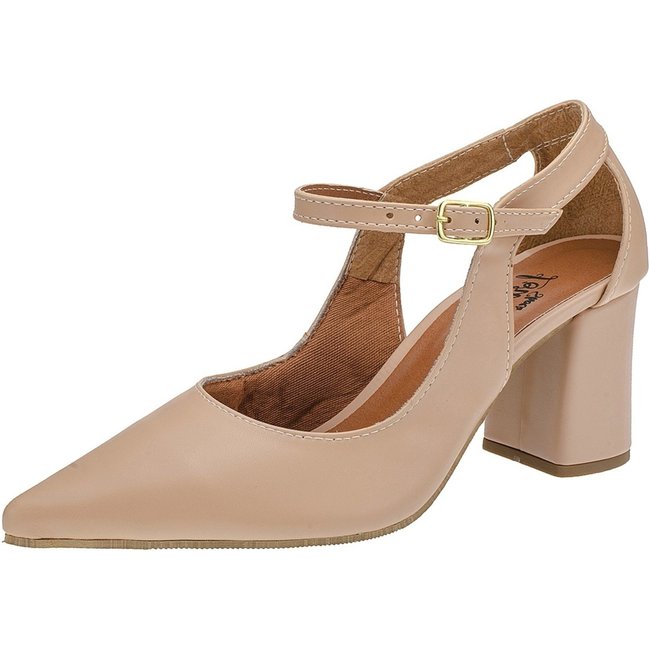 Sapato Feminino Scarpin Casual Salto Alto Grosso Lóris Bico Fino 3040 Nude