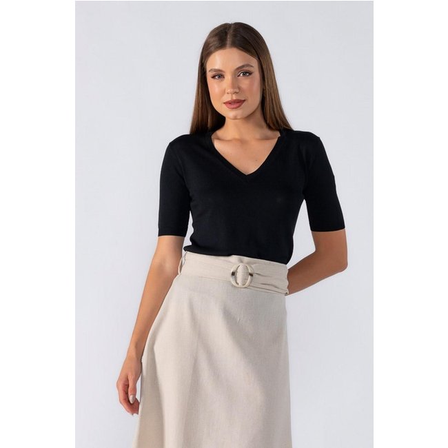 Blusa basica tricot manga curta Preto