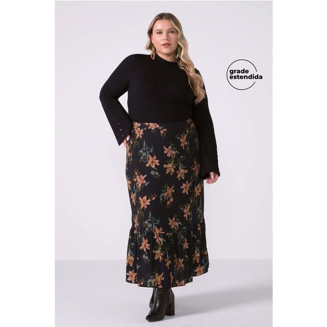 Saia Feminina Midi Babado Floral Marialícia Preto