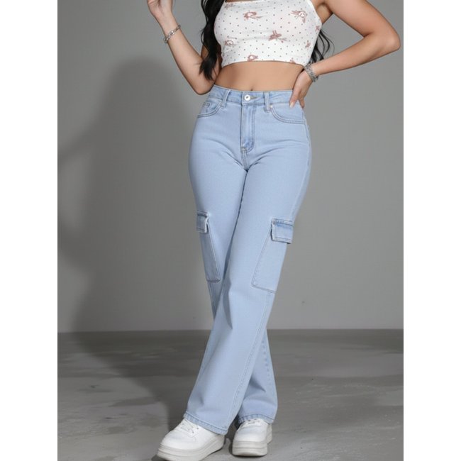 Calça Widleg Cargo Avec Feminina Delave Básica e Confortável