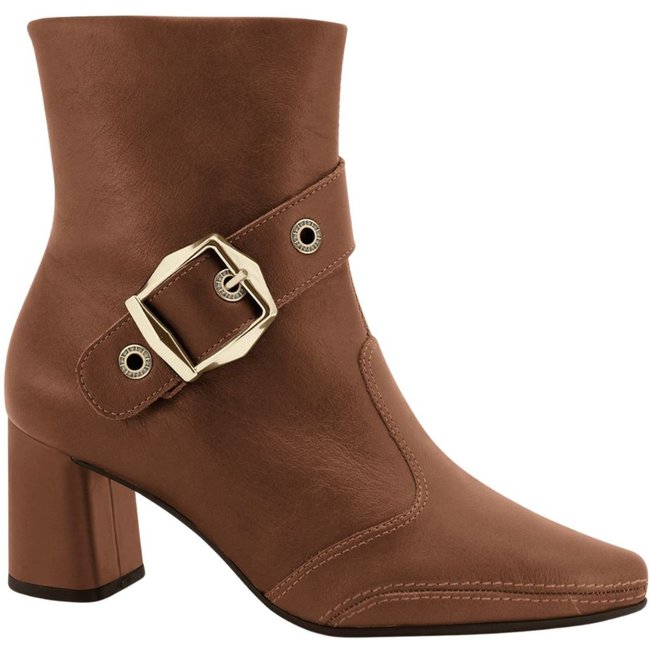 Bota Feminina em Couro Cano Curto Salto Bloco Ramarim 2659103 - Capuccino