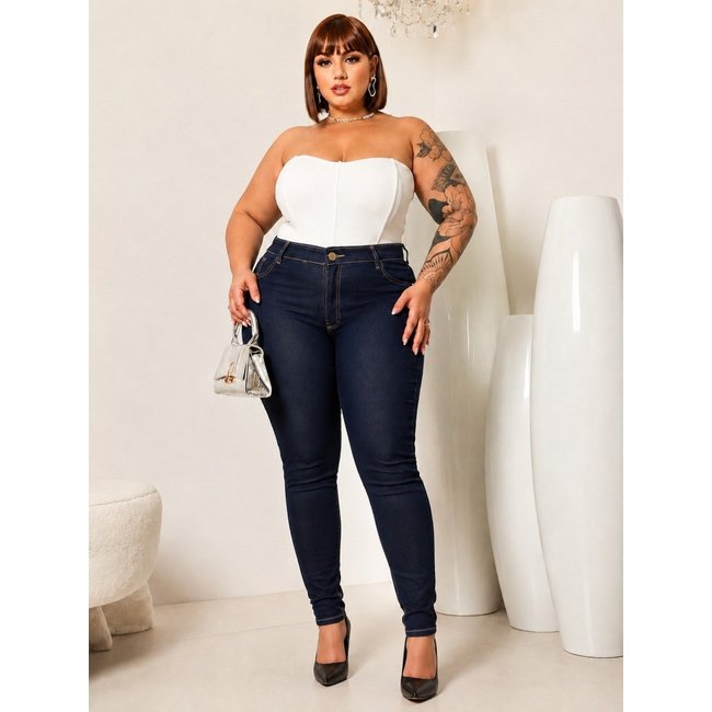 Calça Donna De Paula Skinny Azul Carbono Plus Size Cintura Alta Com Elastano