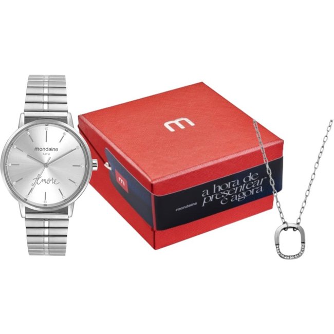 Kit Relógio Feminino Cristais Prata Com Colar Mondaine