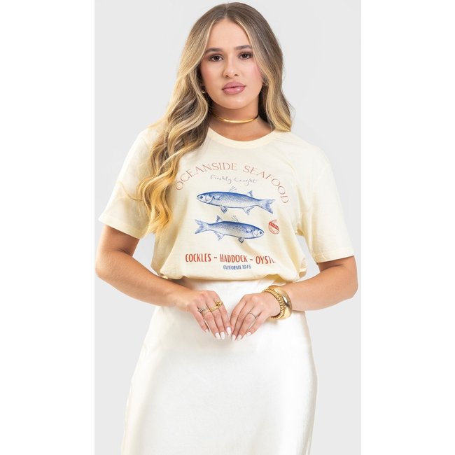 Camiseta Feminina Cianitas Amarela Estampa Oceanside Seafood