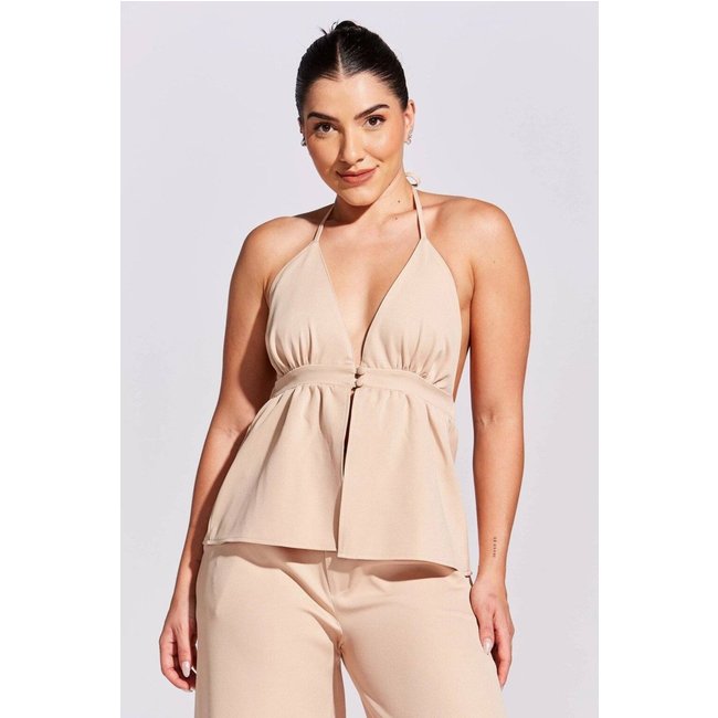 Blusa Feminina Letícia Vaz Amarração Frente Única Decote V Alfaiataria Nude