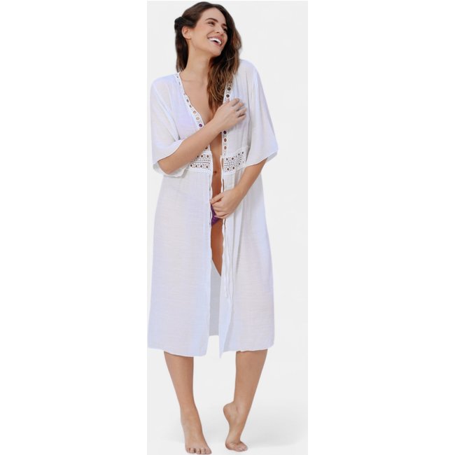 Kimono Areia Branca Baly Bordado Branco