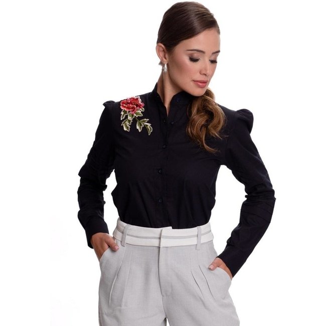 Camisa Social Feminina Bordado Floral Algodão Luxo Teodoro Azul Claro G Azul Marinho