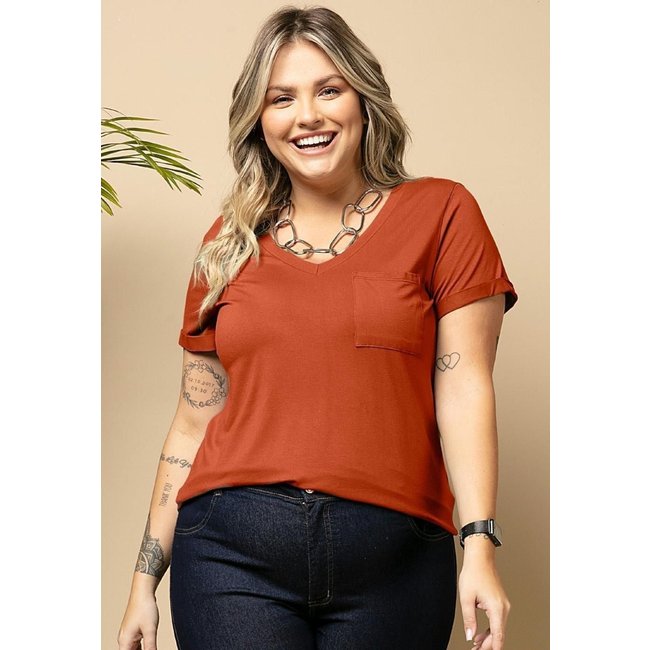 Blusa Com Decote V E Bolso Frontal Laranja Quintess