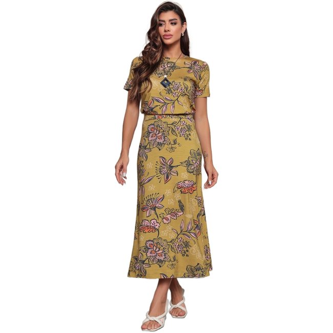 Conjunto Dellamarca Saia e Blusa Estampada Floral Ocre