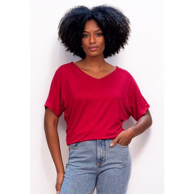 Blusa Amazonia Vital Básica Morcego Malha Gola V Manga Curta Bordô