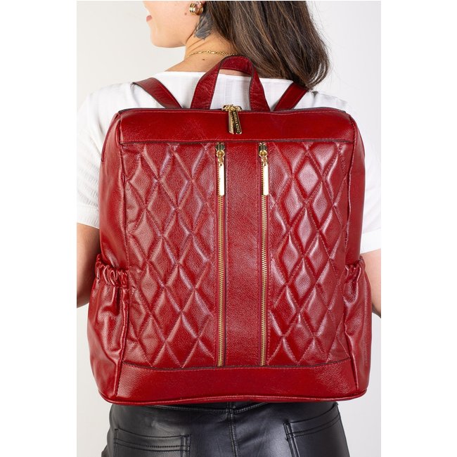 Mochila de couro liso matelassê Romana - Vermelho