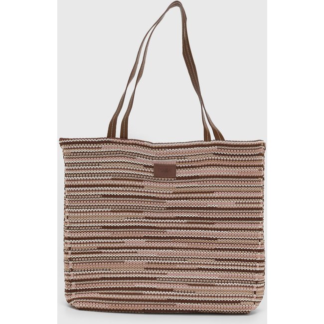 Bolsa Feminina Brizza Arezzo Grande Trançada Listrada Marrom e Rosa e Off-White