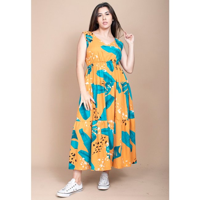 Vestido Cabanafree Regata Longo Peri Viscose Camadas Estampa Aurora Botânica