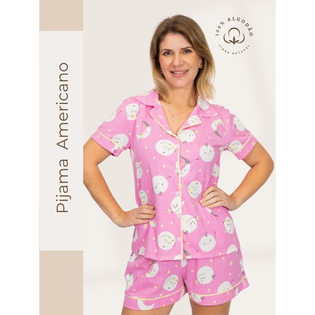 Pijama Piante Algodão Feminino Americano Curto Lua Rosa