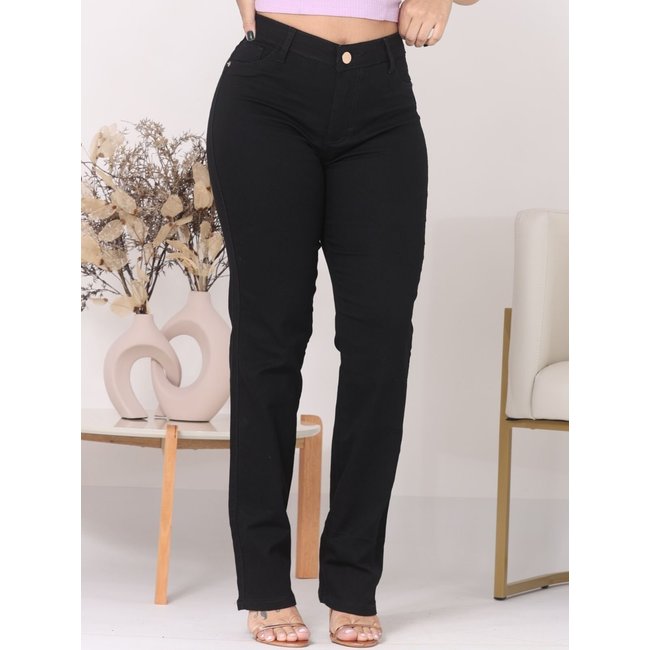Calça Donna De Paula Reta Preta Jeans Acetinado Cintura alta Empina Bumbum
