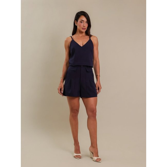 Conjunto Feminino Blusa Alça Regulável Shorts Sarja Leve Azul Marinho