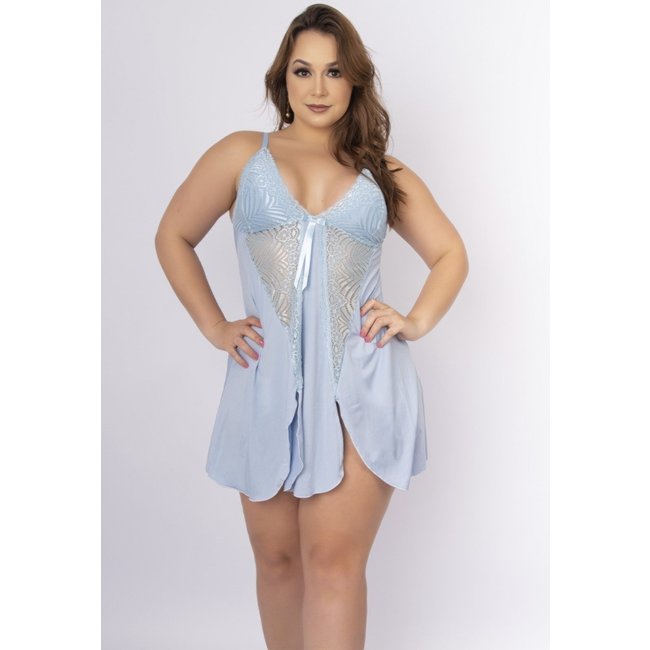 Camisola Plus Size WLS Modas Romantic Renda Lis Azul Claro