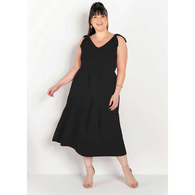 Vestido Com Amarração Plus Size Preto Marguerite