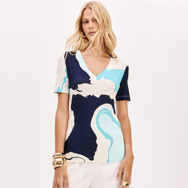 Blusa Canelada Lança Perfume Estampada Pr26 Azul Feminino