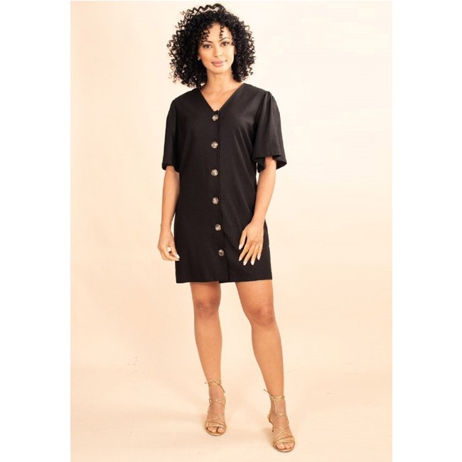 Vestido Curto Plano De Botão Preto