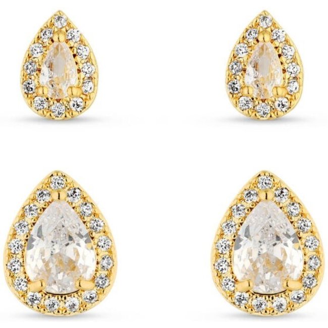 Dupla De Brincos Semijoia Gota Cristal Com Zircônias Banhadas A Ouro 18K Br092-001 Dourado