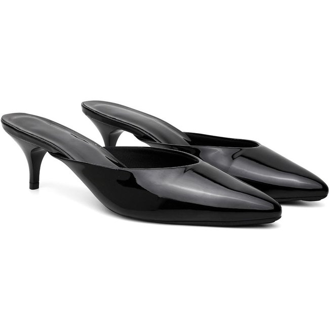 Sapato Feminino Anna Andrade Scarpin Mule Salto Baixo Bico Fico Calce Fácil Elegante Verniz Preto