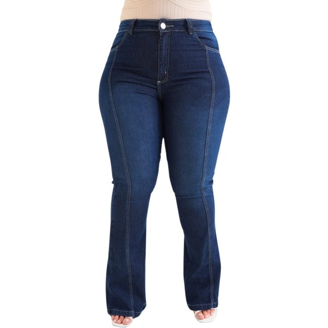 Calça Flare Plus Size Jeans Light Com Detalhe de Nervura Jeans
