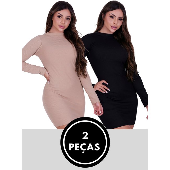 Kit 2 Peças Vestido Midi Malha Canelada Preto e Bege Manga Longa St Madame