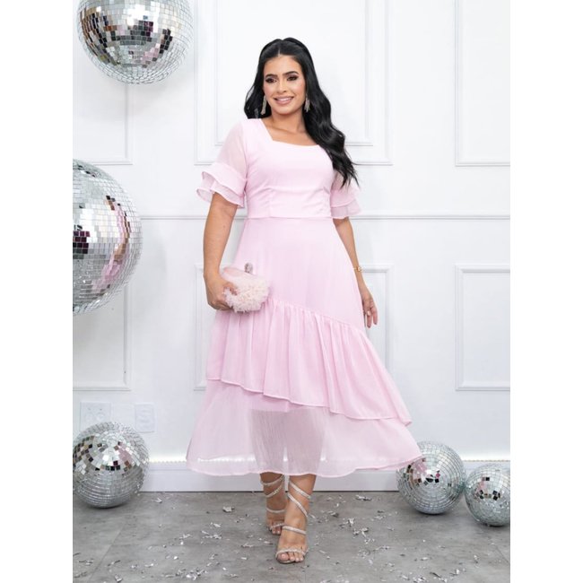 Vestido de Festa Casamento Social Midi com Babado e Elástico Verão Rosa