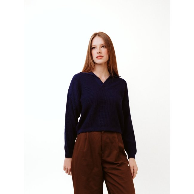 Blusa Cropped La Cor Tricot Manga Longa Gola Polo Feminino Azul Marinho