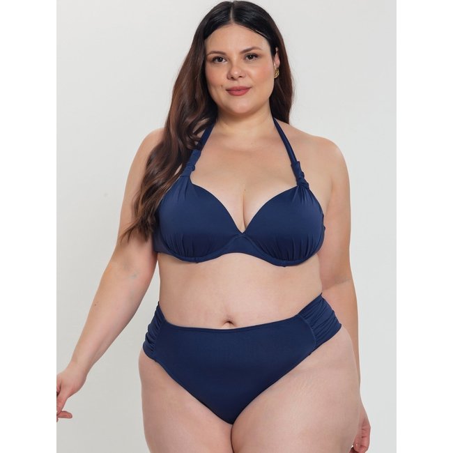 Biquini Plus Size Orla da Praia com Bojo Meia Taça e Calcinha Drapeada Azul Marinho
