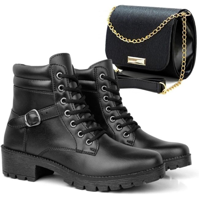 Kit Bota Feminina Cano Curto Salto Baixo + Bolsa Transversal Preta