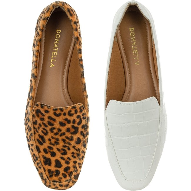Kit 2 Pares Mocassim Feminino Donatella Shoes Onça Camurça e Branco Croco