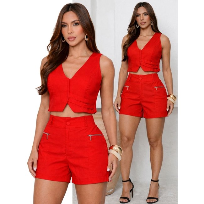 Conjunto Feminino Linho Cropped Colete e Shorts 2030 - Vermelho Tinder