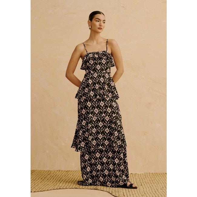 Vestido Longo com Babados Estampado Uros