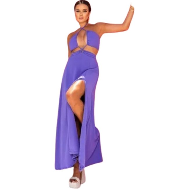 Vestido Longo Recortes Cut Out Viscose Fiorelly Lavanda