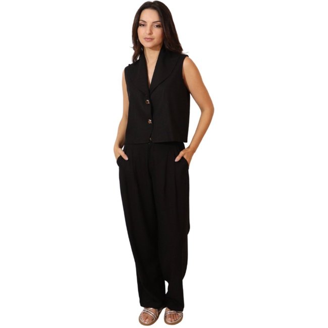 Calça Feminina Pregas Alfaiataria Linho - Preto
