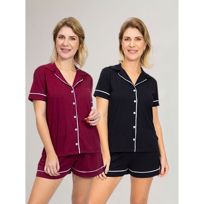 KIT Pijama Americano Curto Bordô + Pijama Americano Curto Preto