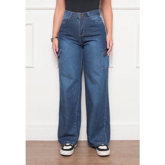 Calça Feminina Avec Wide Leg Cargo Confortável E Elegante Azul Manchado