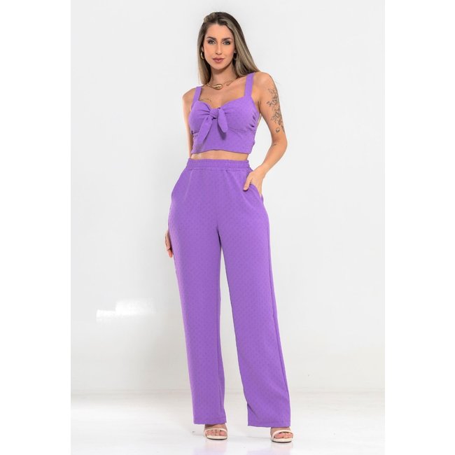 Conjunto Feminino Cropped e Calça Pantalona Elastico Ajustavel lilas -Docce Mulher