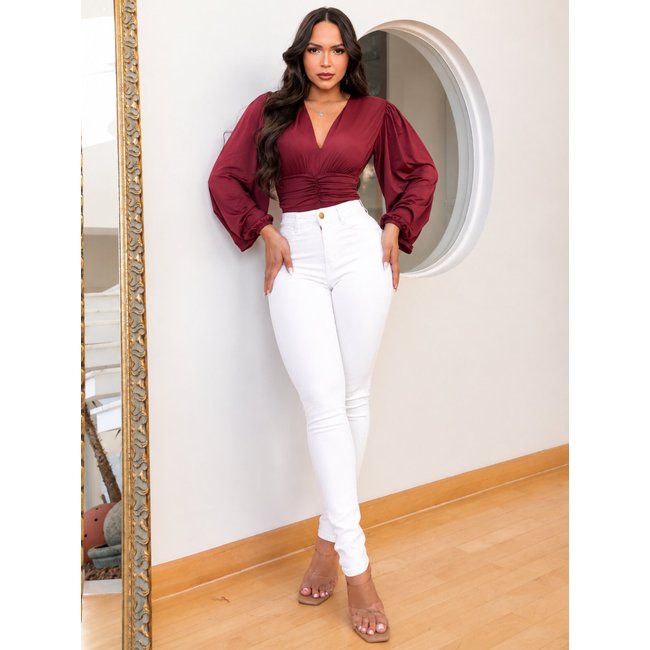 Calça Donna de Paula Skinny Branca Feminina Cintura Alta Empina Bumbum Com Elastano Sem Transparência