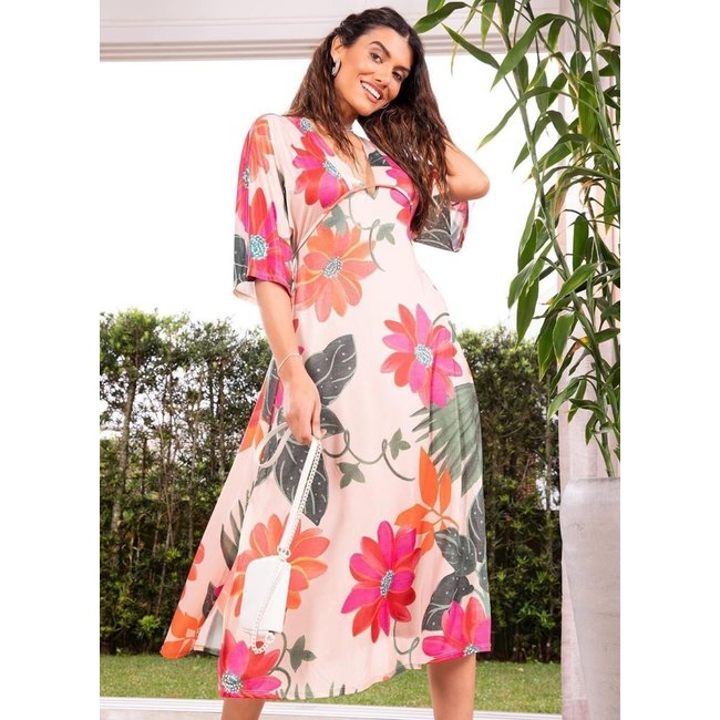 Vestido Malha Fria Floral Vibrante Colorido Quintess