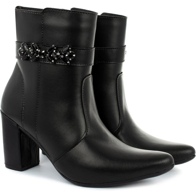 Bota bico fino salto fashion confortável com pedraria OLZZY Preto
